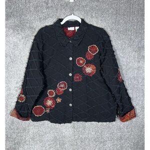 Fashion Bug Button Up Jacket‎ Womens Size 22/24 Black Floral Embroidery Canvas